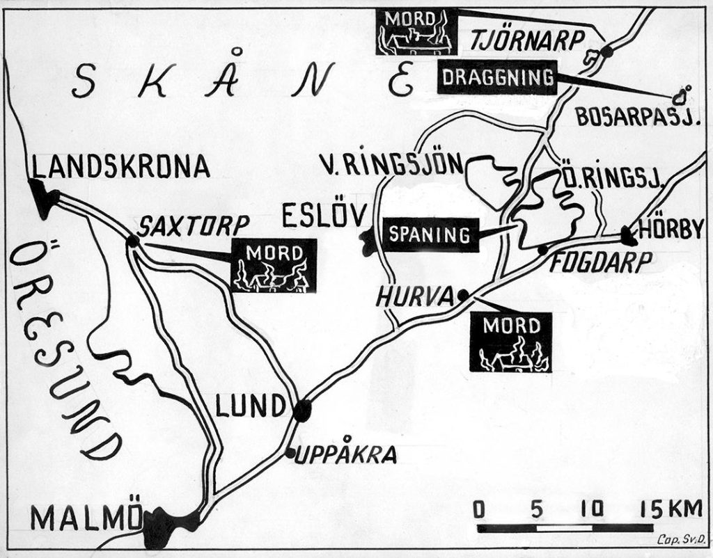 Karta över den trakt av Skåne där den
före detta fjärdingsmannen Tore Hedin bragte nio människor om livet.